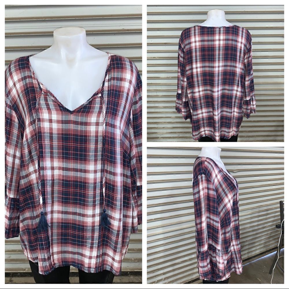 Cosmo Blu plaid tie v neck top with bell cuff